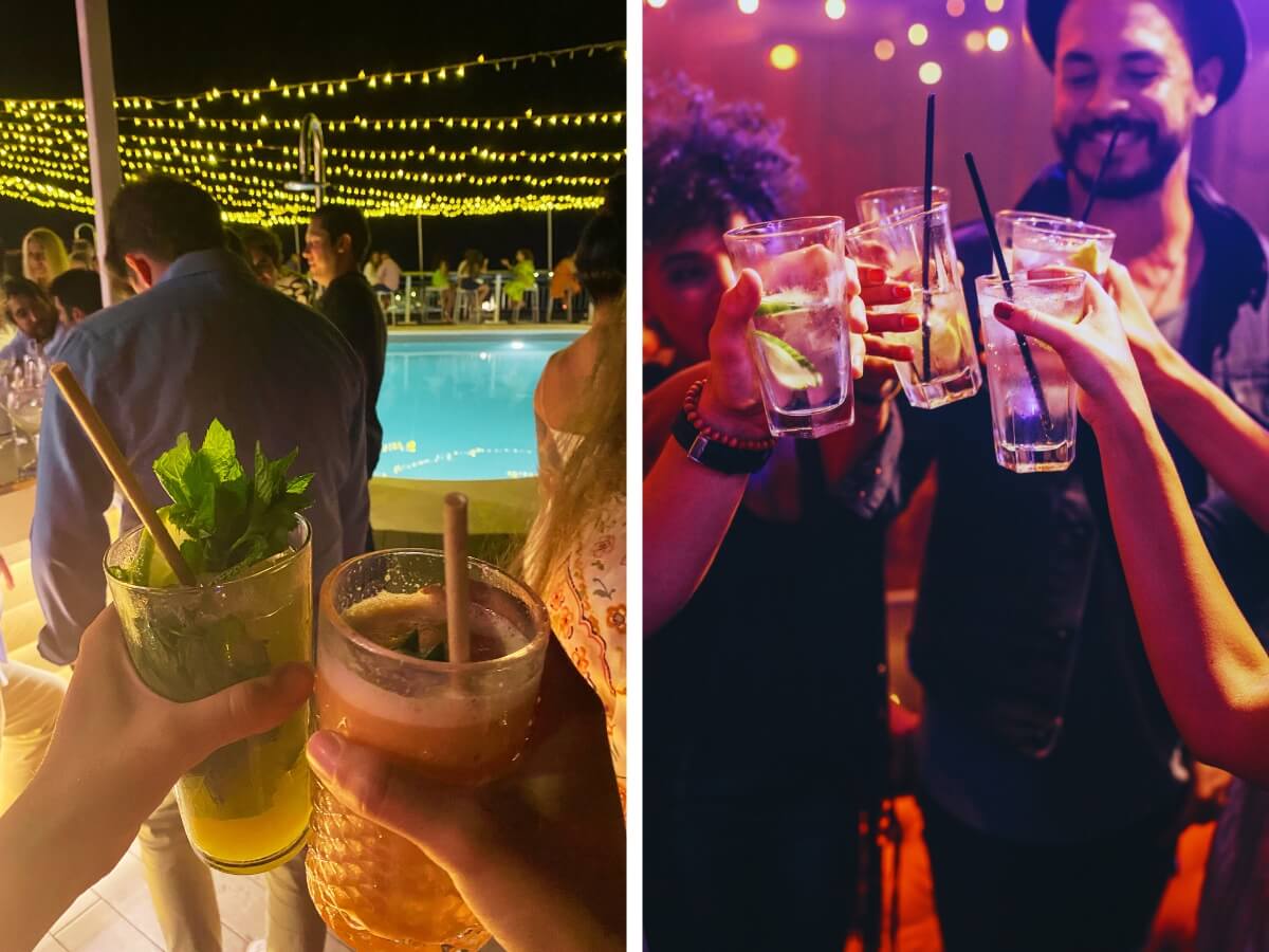 Ľudia zabávajúci sa na nočnej párty s drinkami v rukách.